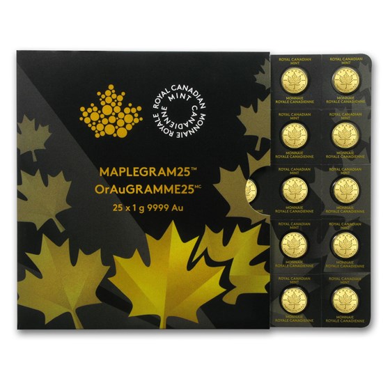 2015 25x 1 gram Gold Maple Leafs - Maplegram25™ (In Assay Sleeve) 2015 25x 1 gram Gold Maple Leafs - Maplegram25™ (In Assay Sleeve)